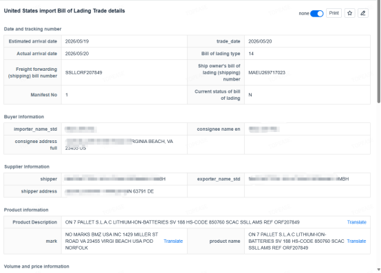 Bill of Lading Data Sample